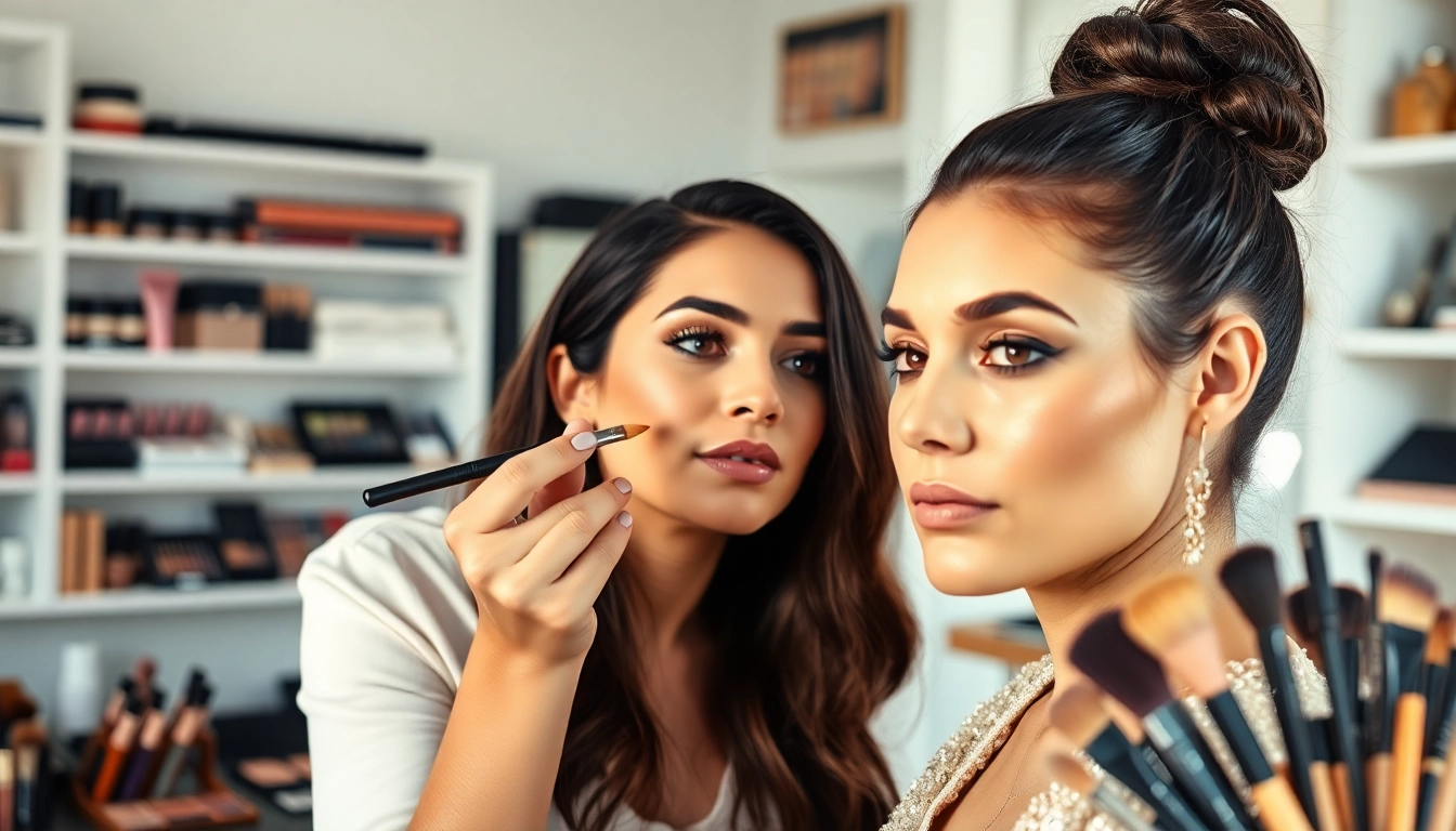 Professional makeup artist enhancing a model's look in a vibrant studio setting.