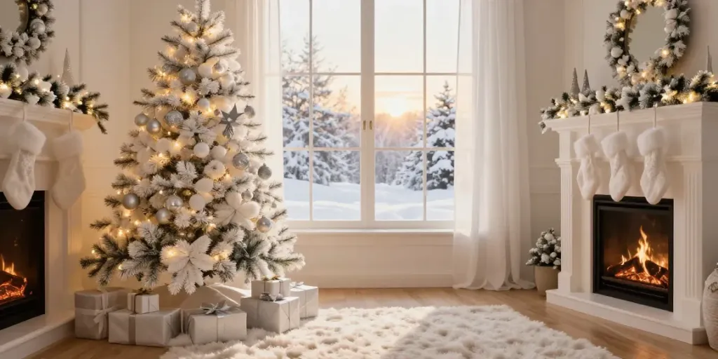 Stunning white Christmas tree beautifully decorated in a festive living room setting, creating a warm holiday atmosphere.