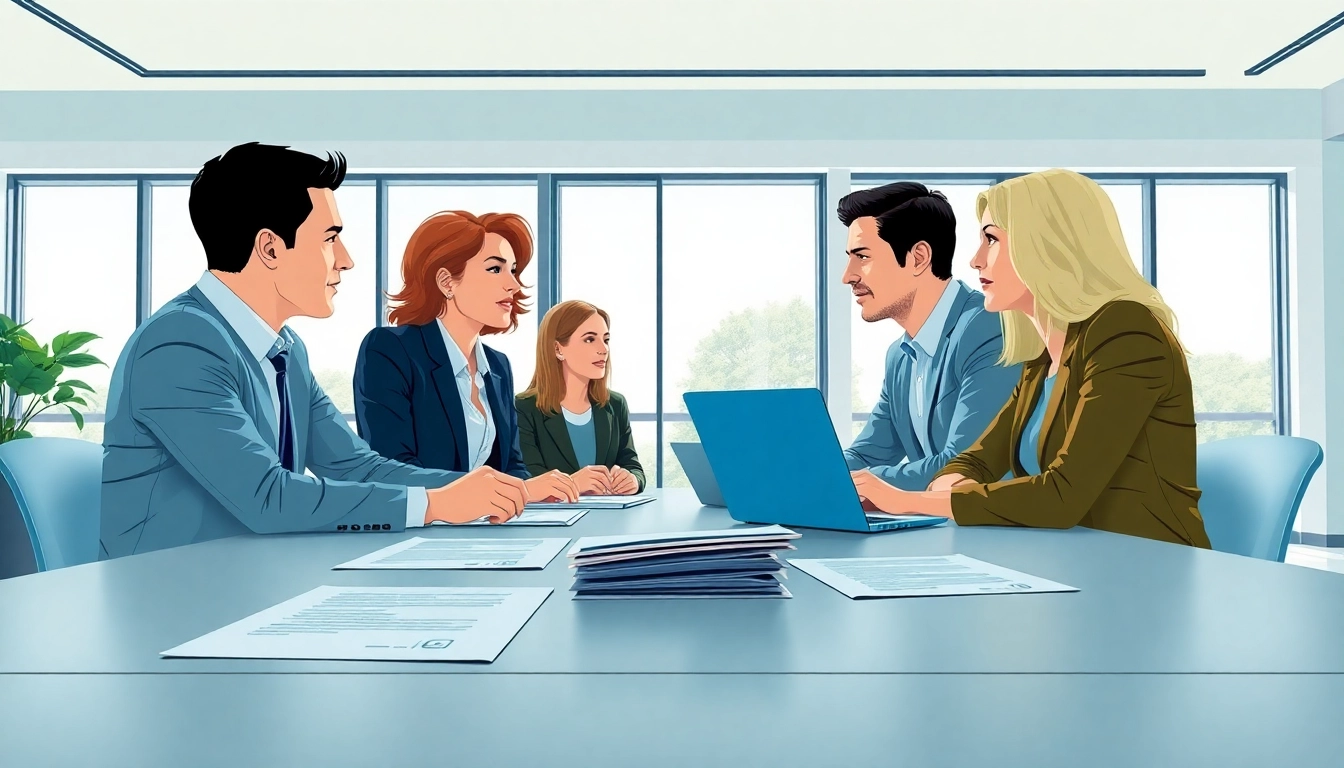 Engaging discussion on Buy sell life insurance Canada amidst professionals in a bright office.