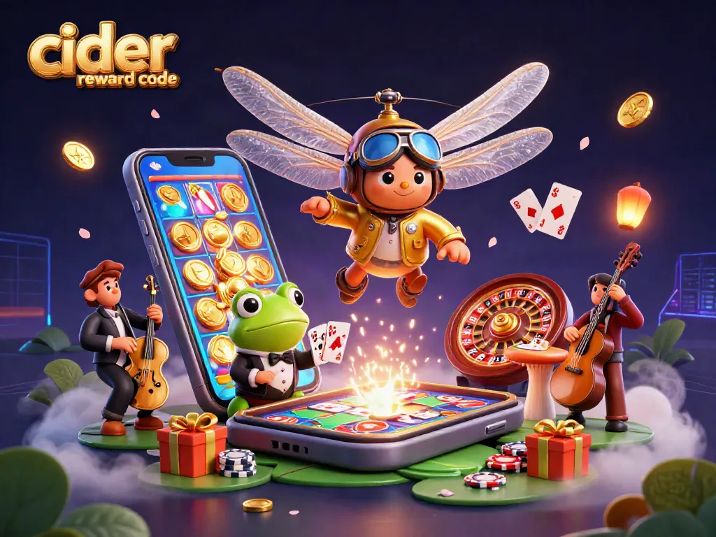 Cider casino reward code unlocking vibrant gaming scene with dragonfly pilot and frog croupier
