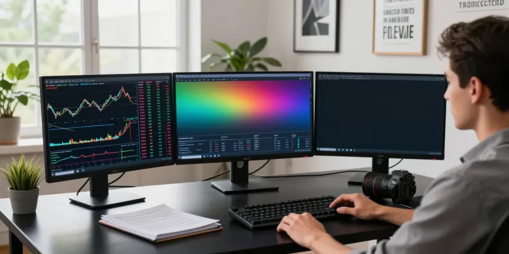 Engaged trader utilizing TradingView in a professional workspace with multiple monitors and market analytics.