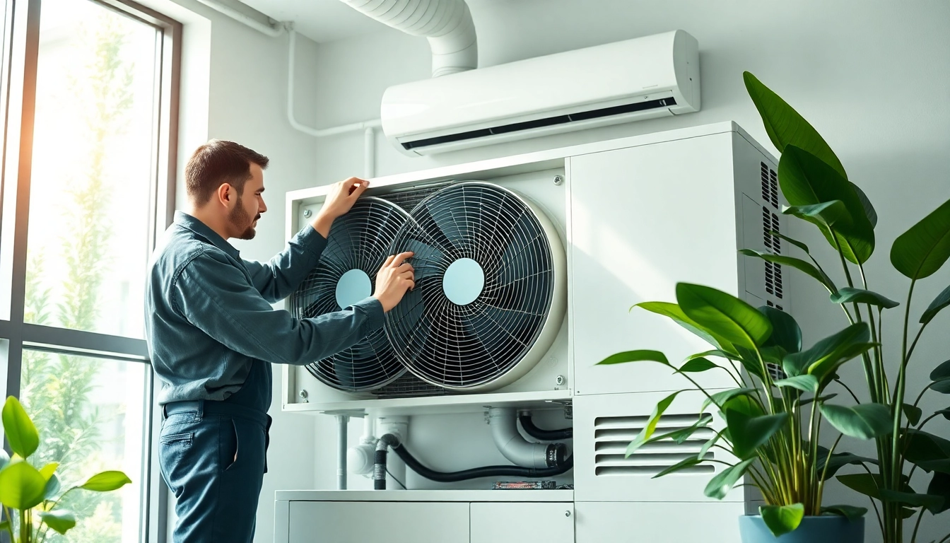 Green Cooling technician installing eco-friendly air conditioning unit in a modern office.