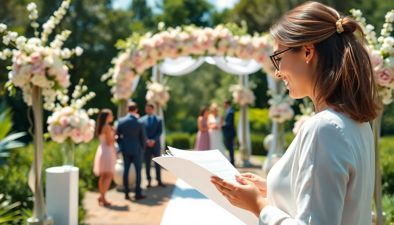 dc wedding planner coordinating an elegant outdoor wedding with guests and beautiful floral decorations.