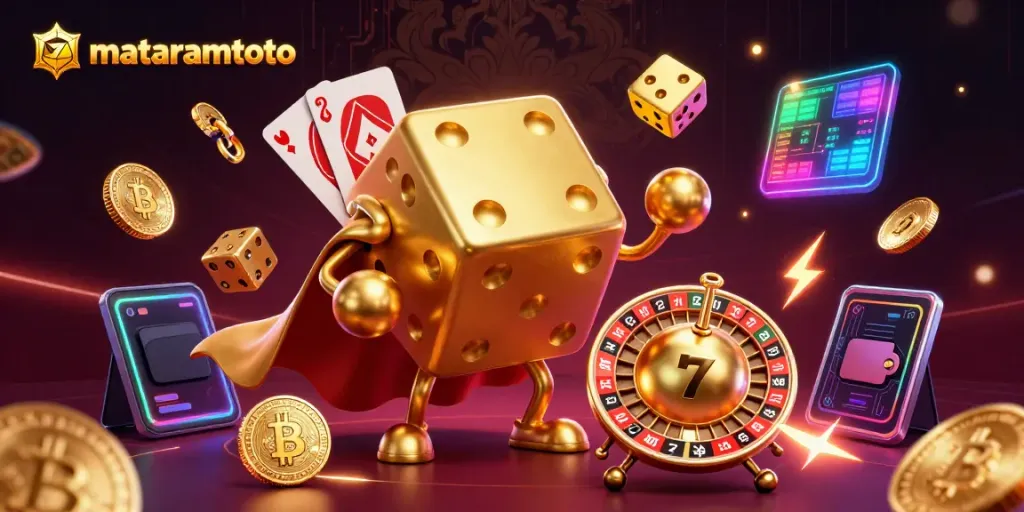 Mataramtoto players juggle golden dice and slot reels in an engaging 3D casino scene.