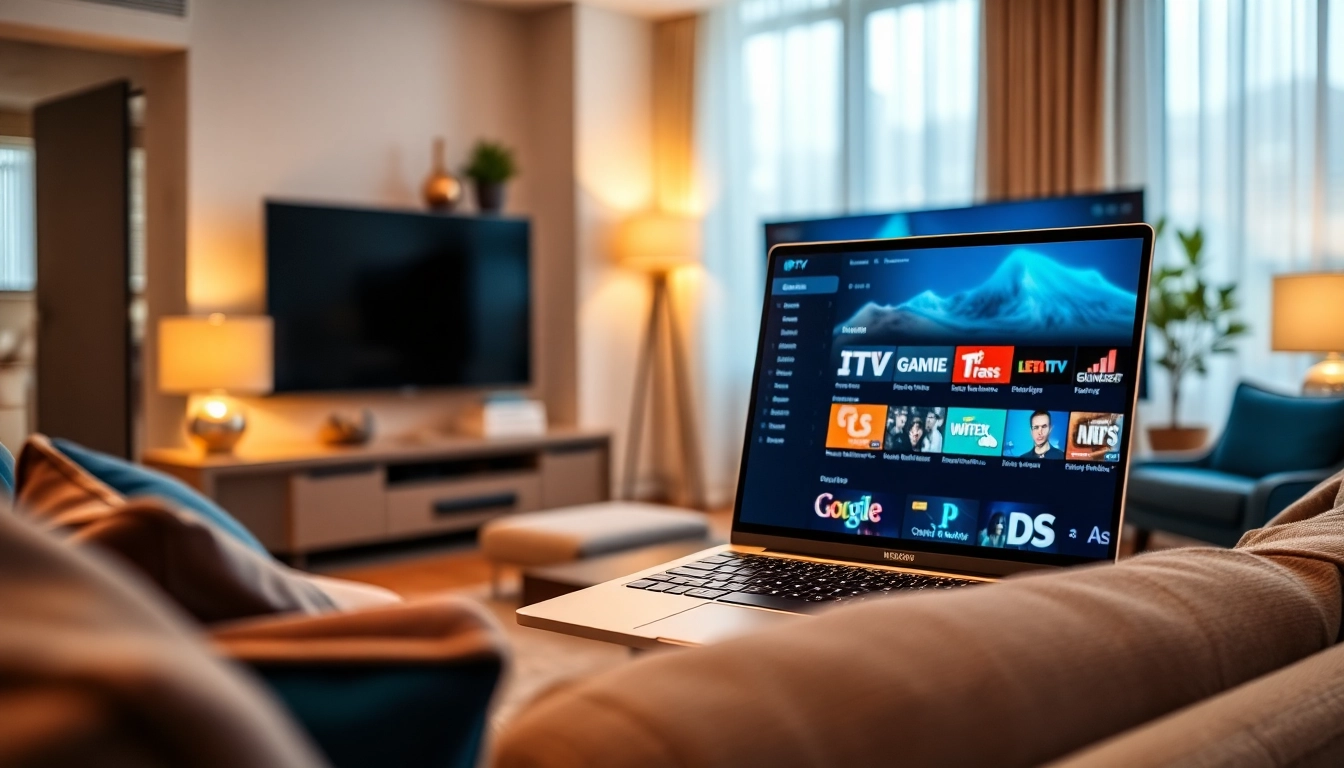 Showcase engaging free trial iptv experience with a sleek setup in a cozy living room.
