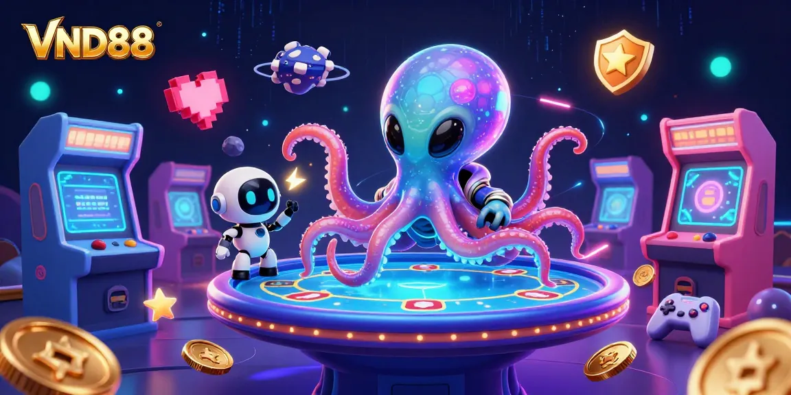 Explore the thrilling VND88 poker action with a cosmic octopus dealer and vibrant gaming elements.