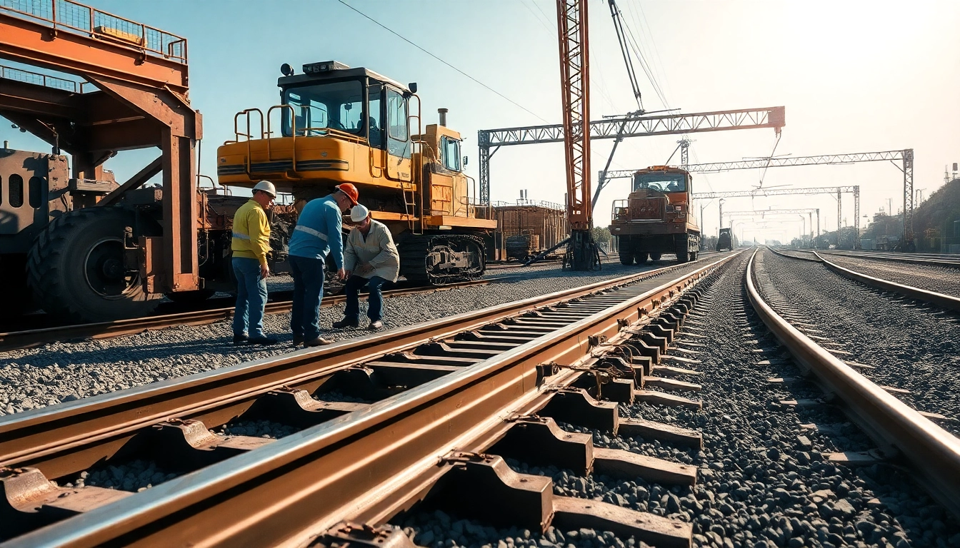 Workers installing universal rail tracks at a construction site showcasing teamwork and engineering.