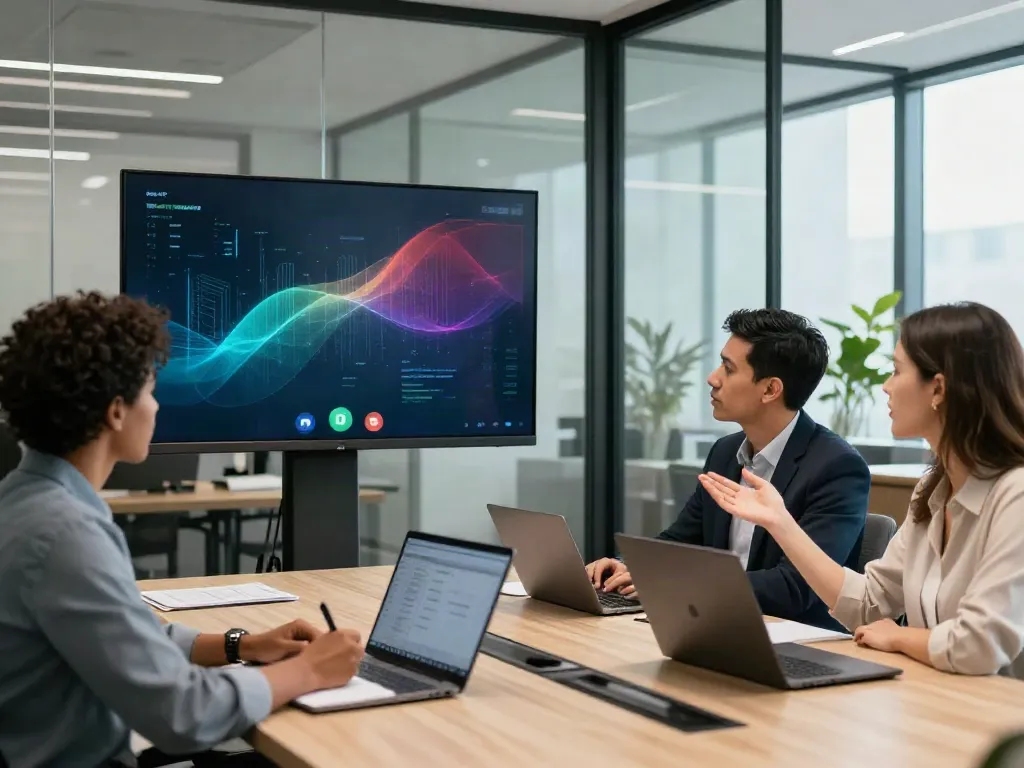 Deepfake protected meetings in a modern office with a diverse team collaborating via video conference.