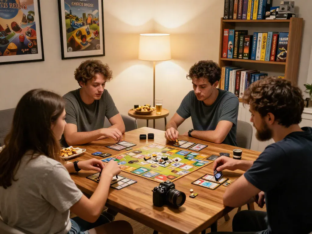 Engaged group enjoying board games in cozy living room, illustrating the joy of social gaming amidst snacks and drinks.
