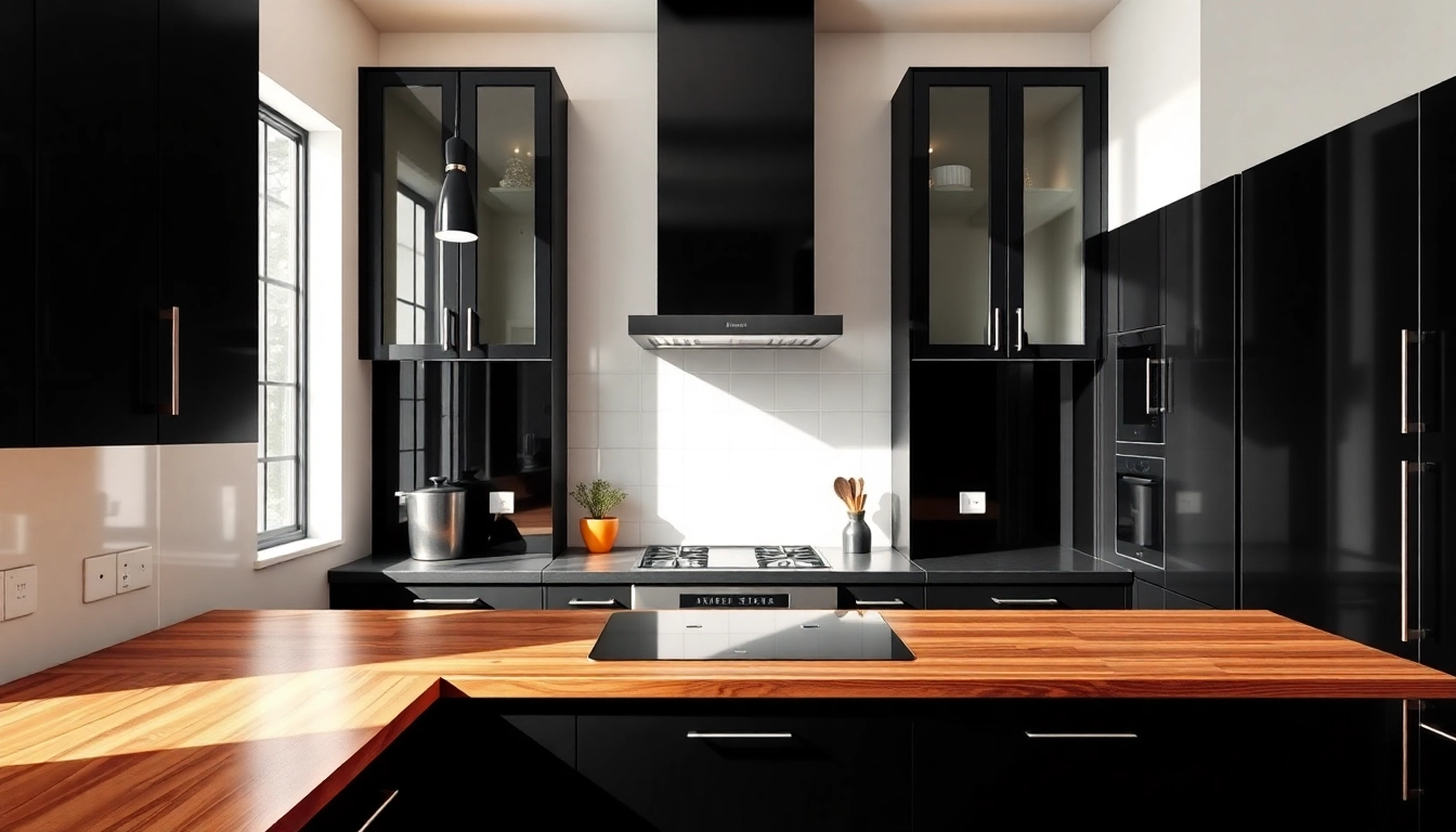 Showcase a modern kitchen with stylish black cabinets emphasizing elegance and functionality.