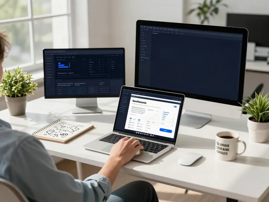 Creating SEO content outlines with AI in a modern office workspace.