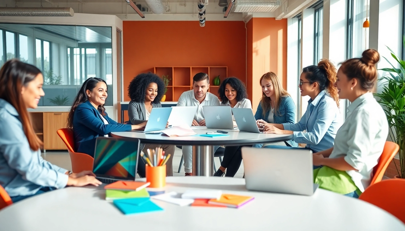 Apex Direct Mail team collaborating creatively in a vibrant office setting with colorful marketing materials.
