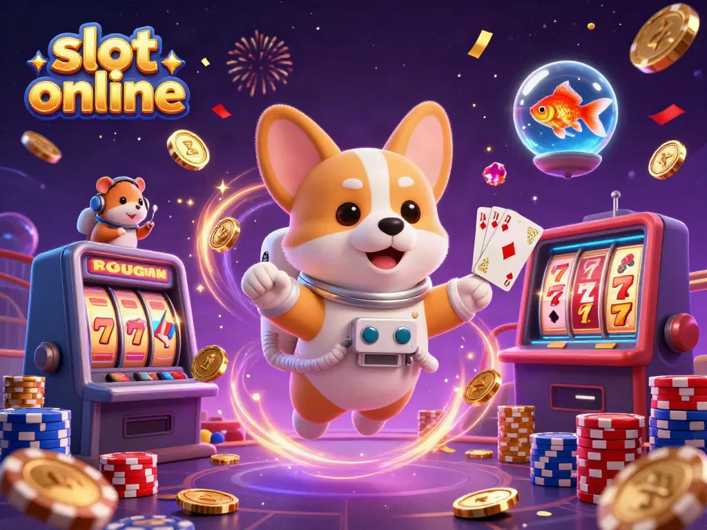 Play thrilling slot online games with this captivating 3D illustration filled with fun characters and casino elements.