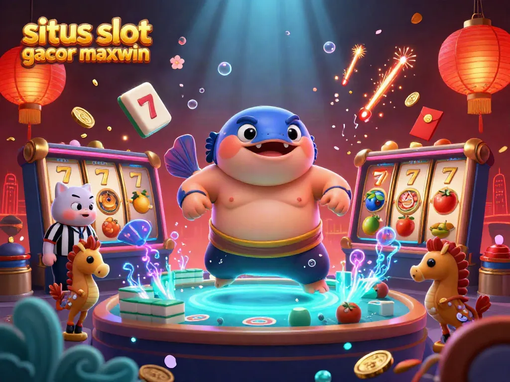 Situs slot gacor maxwin showcases a lively slot gaming scene with a fugu, catfish referee, and seahorse fans.