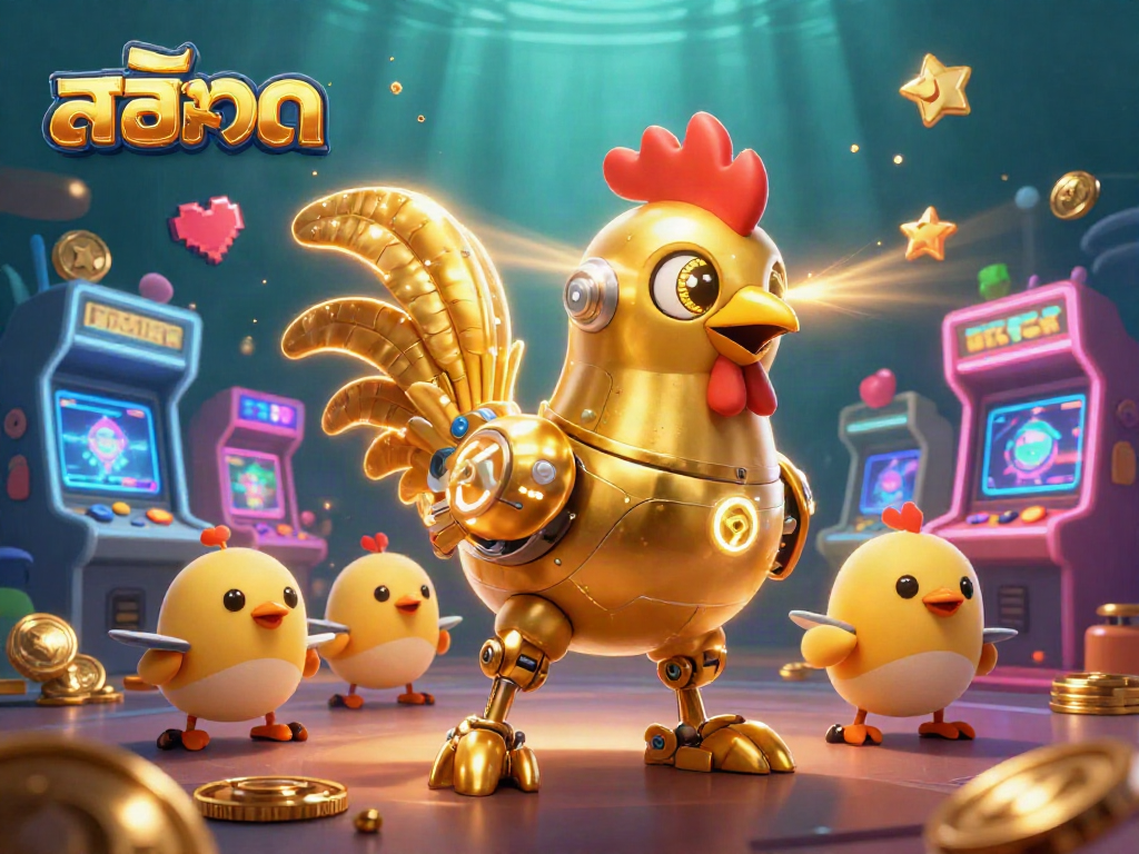 Engage with สล็อต in a vibrant 3D casino world filled with retro characters and game icons.