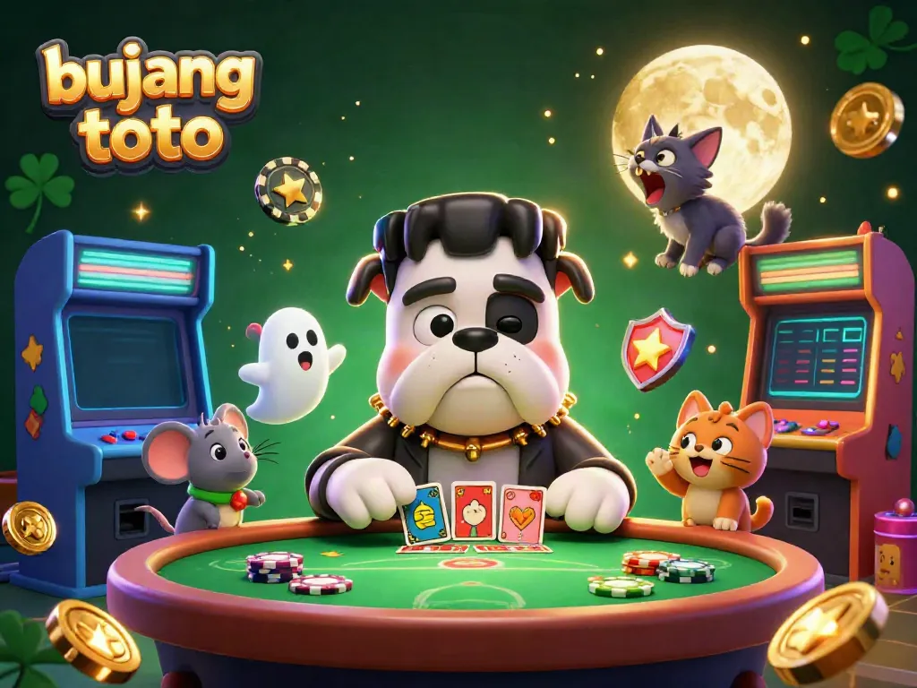 Experience the thrill of bujang toto as a cartoon bulldog dealer interacts with gaming elements and whimsical characters.