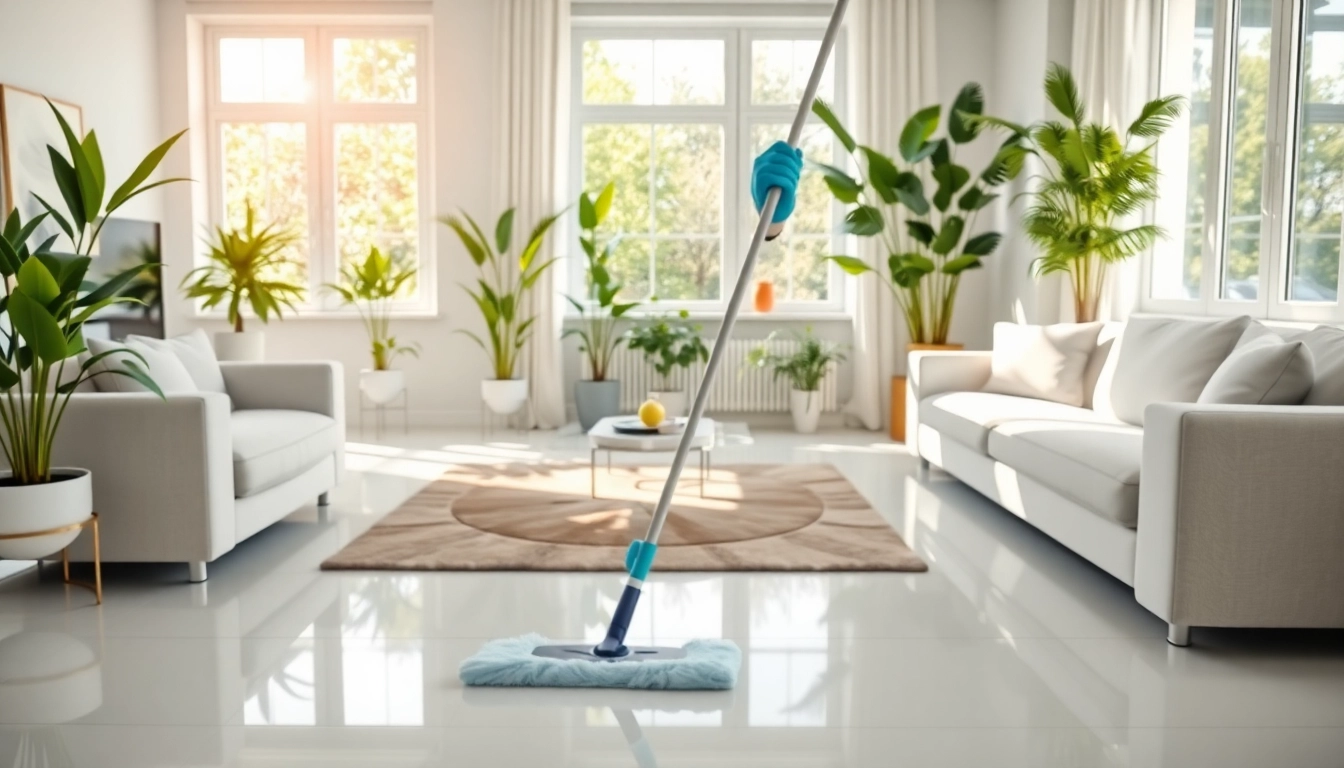 Bond cleaning professional meticulously cleaning a bright, organized living room.