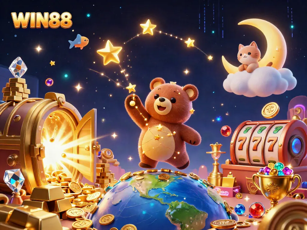 Win88 casino-themed illustration showcasing vibrant slot elements and a constellation bear.