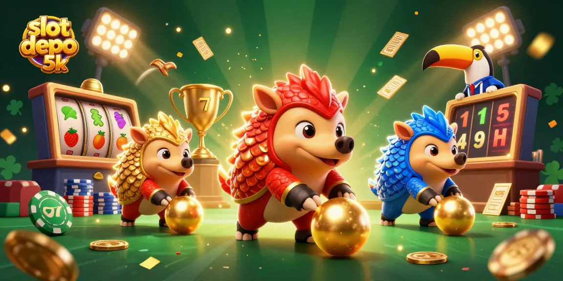 Engage with slot depo 5k in a vibrant 3D scene of playful pangolins and casino action.