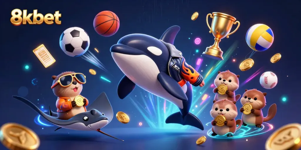 Experience thrilling betting fun with 8xbet as a 3D cartoon whale, stingray, and otters celebrate with gold coins.