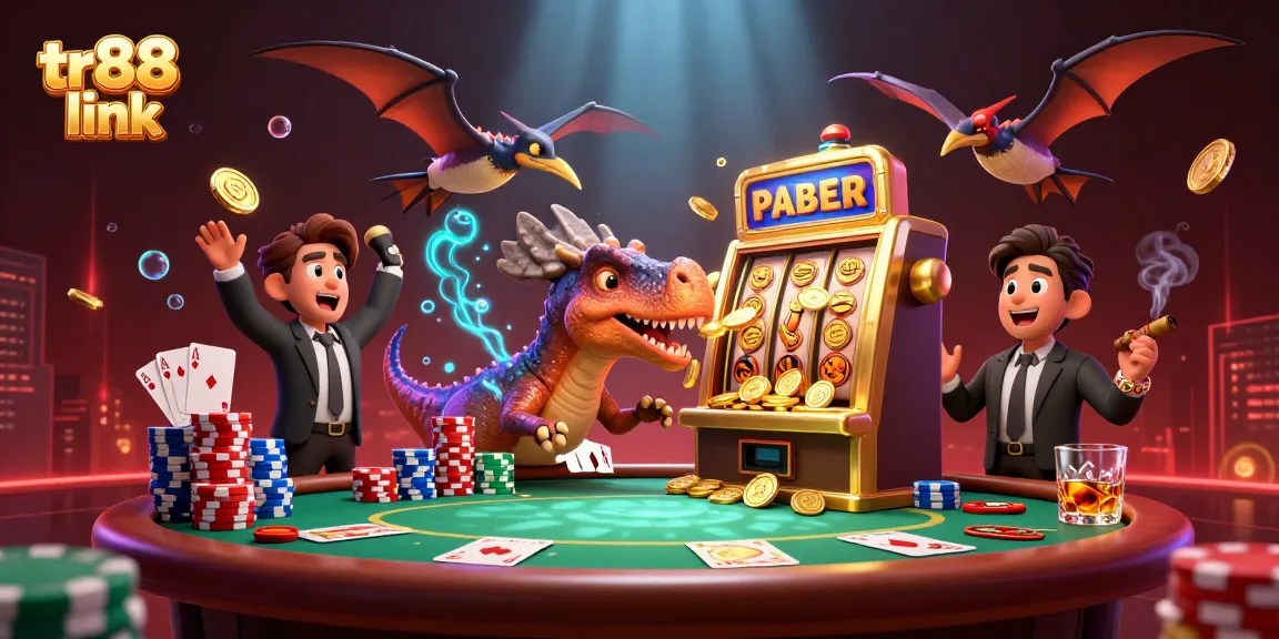 Exciting scene of tr88 link with cartoon dinosaurs and slot machines celebrating jackpot wins in a vibrant casino setting.