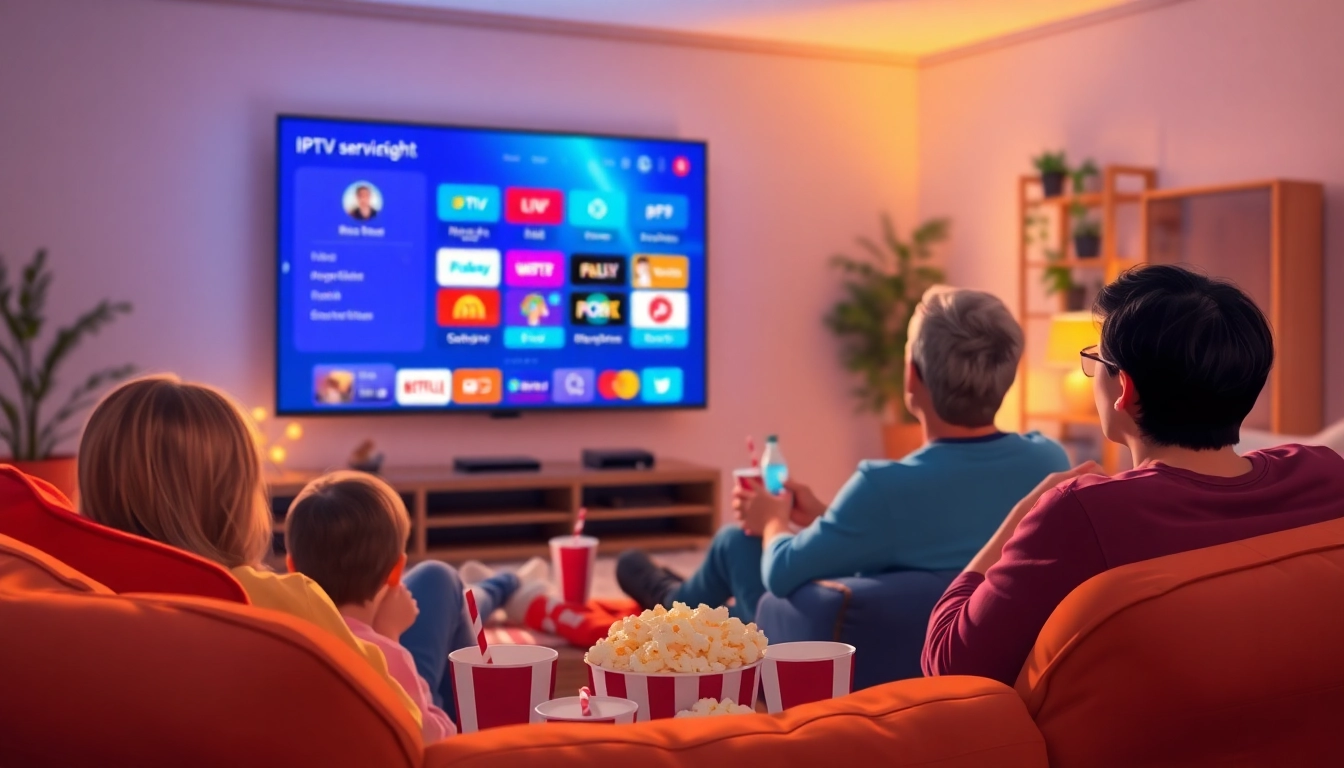Experience the IPTV Free Trial with a family movie night setup and vibrant TV display.