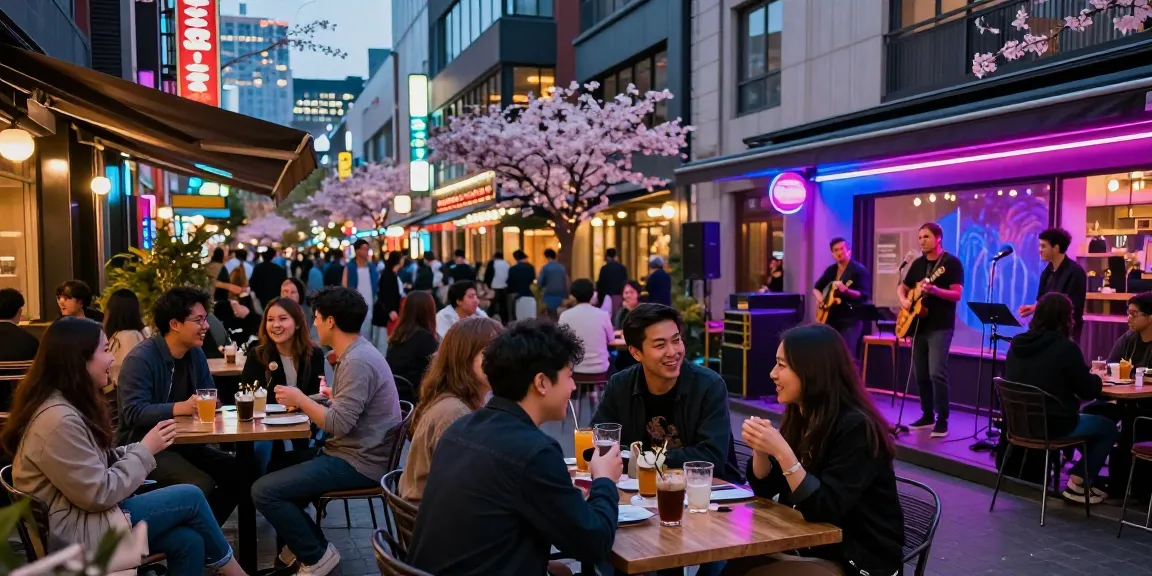 A lively nightlife scene depicting young adults enjoying drinks at a table while exploring popular 유흥사이트 in a vibrant entertainment district.