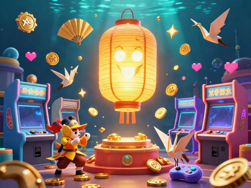 Engage with XX8 through a vibrant casino scene showcasing a golden lantern spirit and game elements.