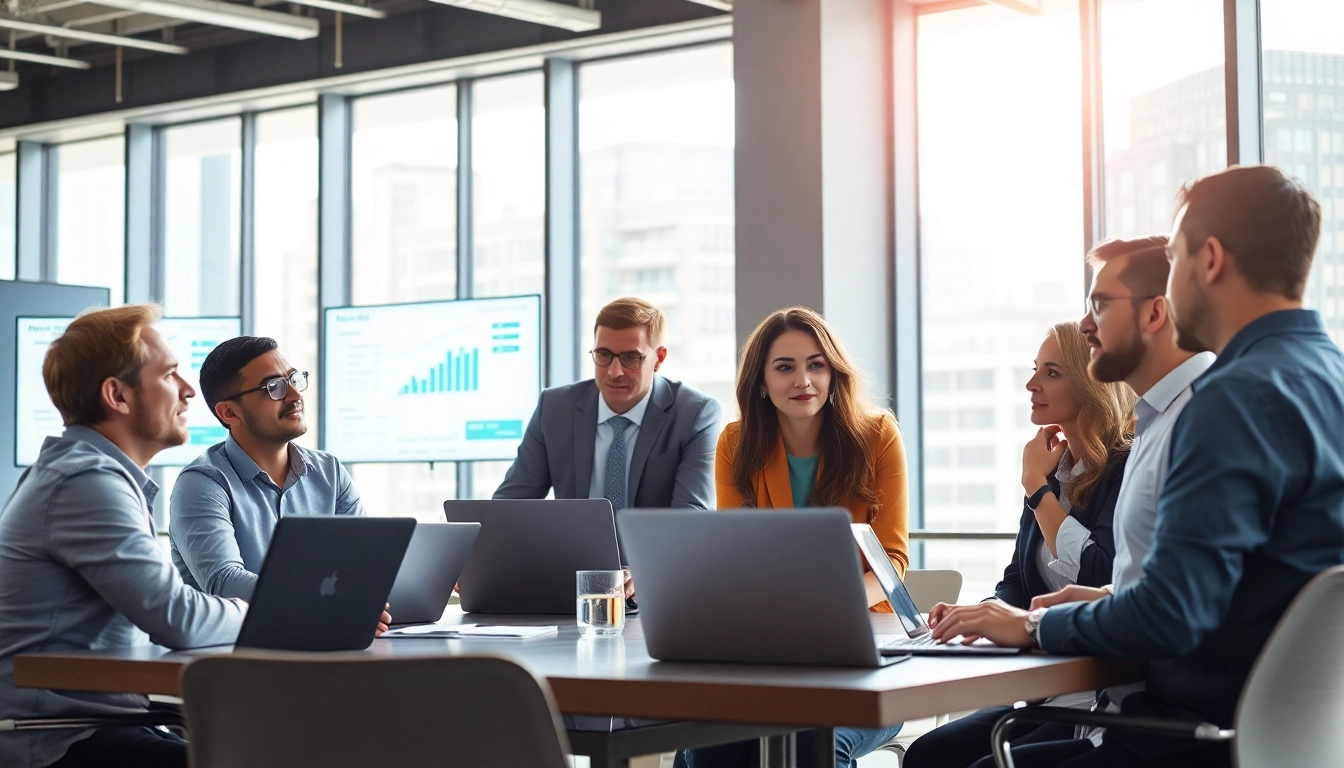 Engaging done for you marketing team collaborating in a modern office environment.