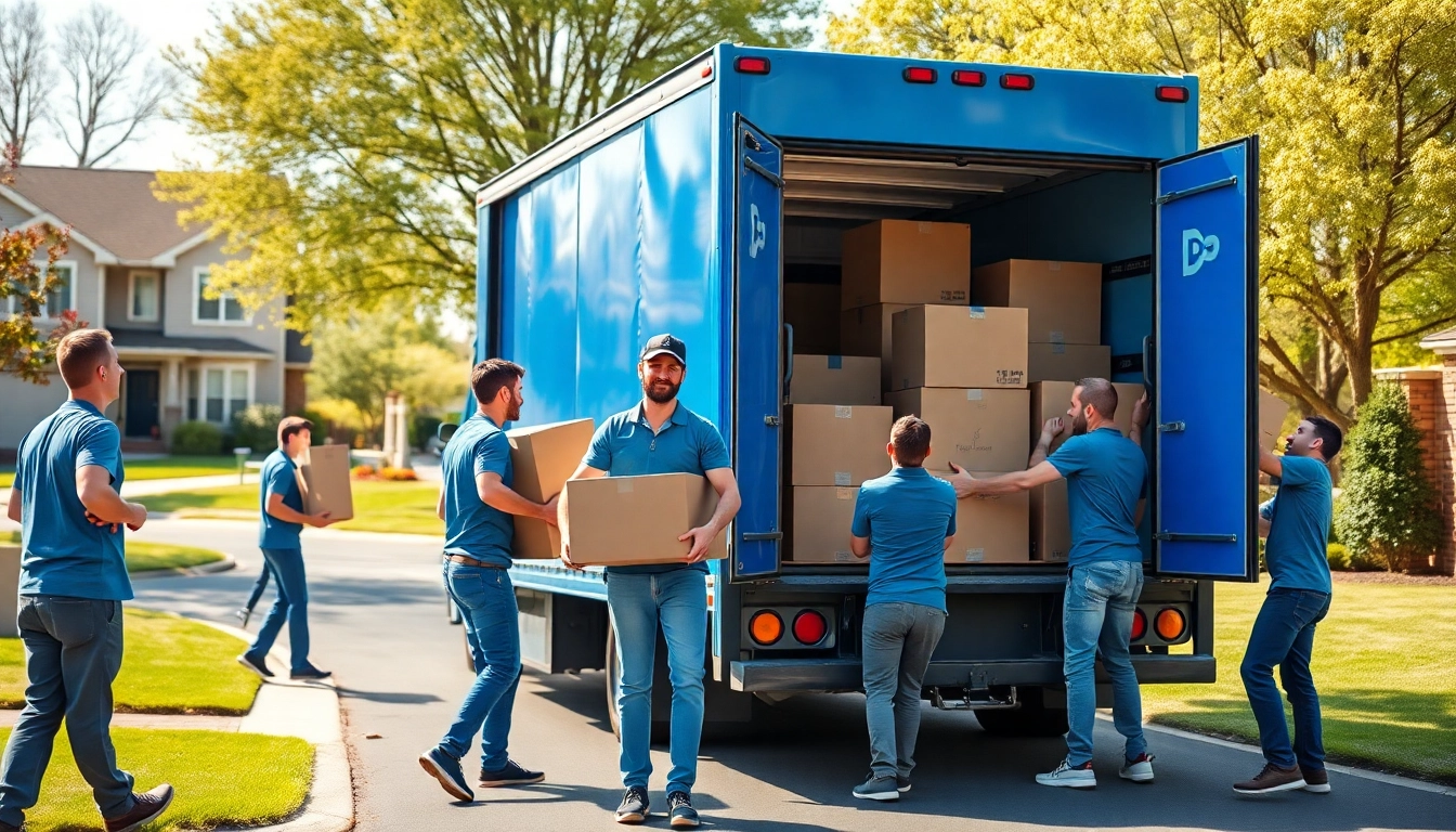 Moving companies across provinces manage efficient packing and loading of trucks in a sunny neighborhood.