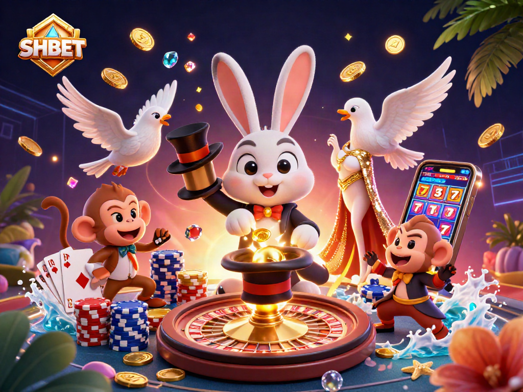 Experience thrilling gaming with SHBET's magical scene of a rabbit magician and casino fun.
