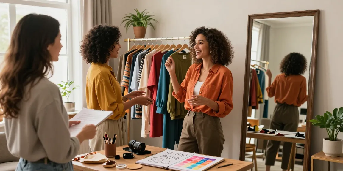 Consulente d'immagine durante una consulenza di stile, vestiti colorati e atmosfera accogliente.