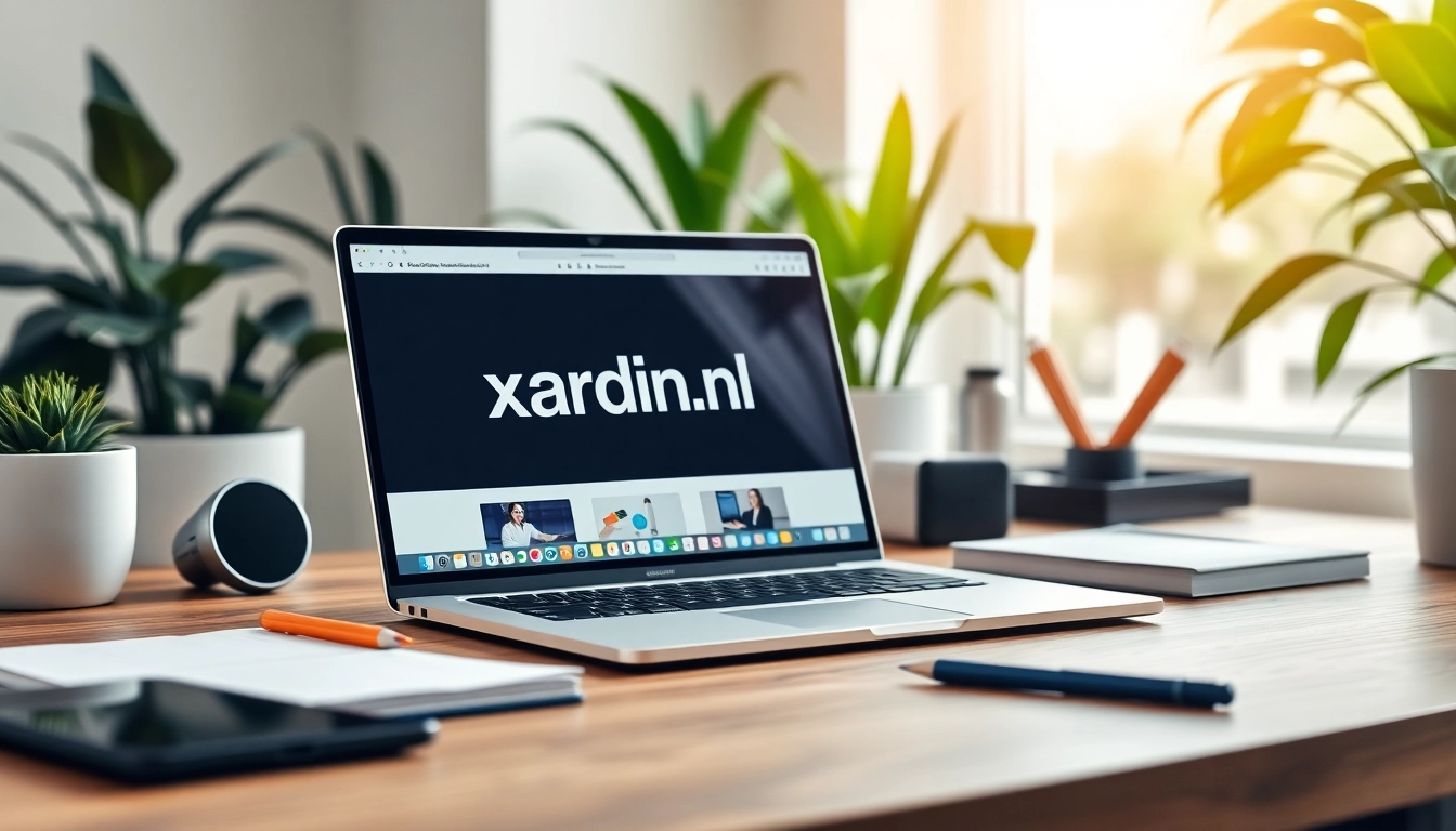 Bekijk de professionele werkruimte met xardin.nl op het scherm, omringd door planten en natuurlijk licht.
