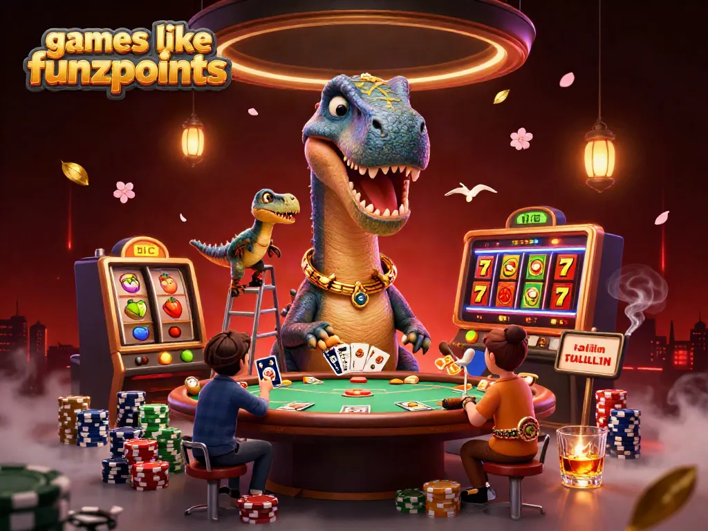 Play games like funzpoints with giant characters in a vibrant casino atmosphere.