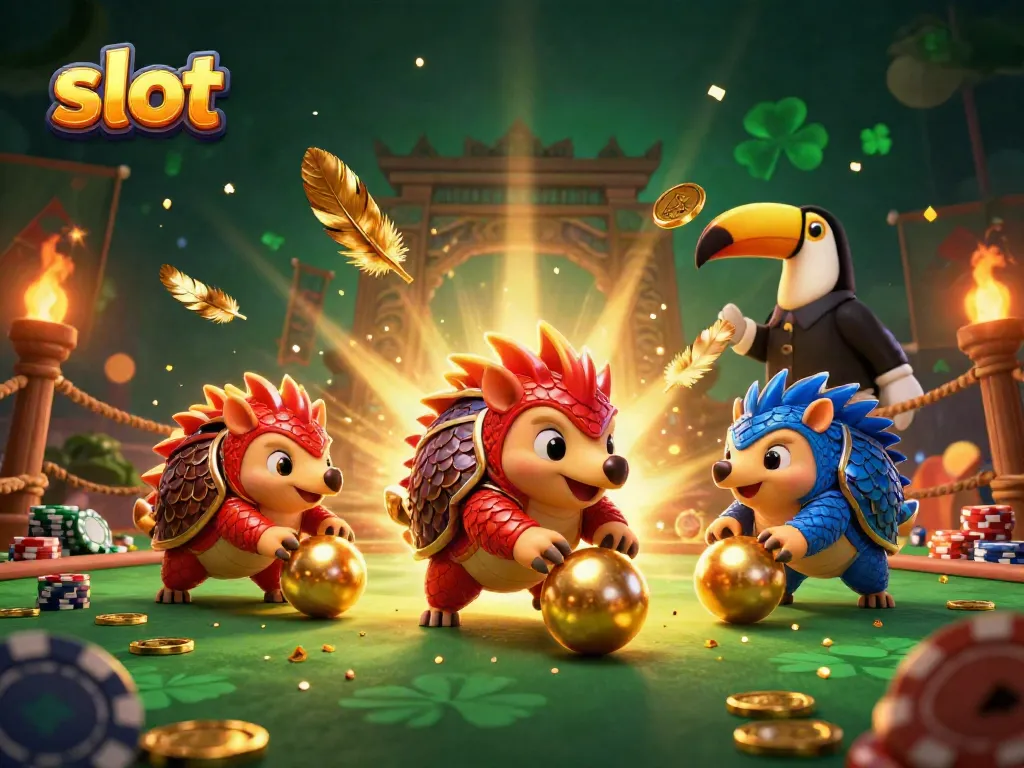 Experience thrilling slot action as rival pangolins battle through poker chips and golden coins!