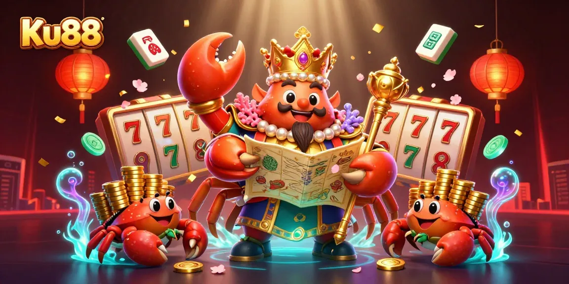 Engage with Ku88's vibrant casino world led by a golden crab emperor amidst dynamic gaming elements.