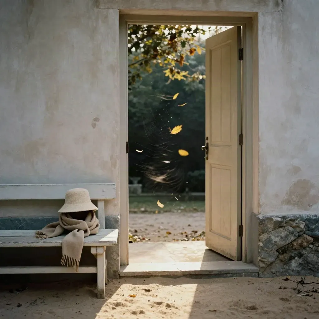 Sand bucket hat, scarf and leaves on a pale bench by an open doorway in cold wind.