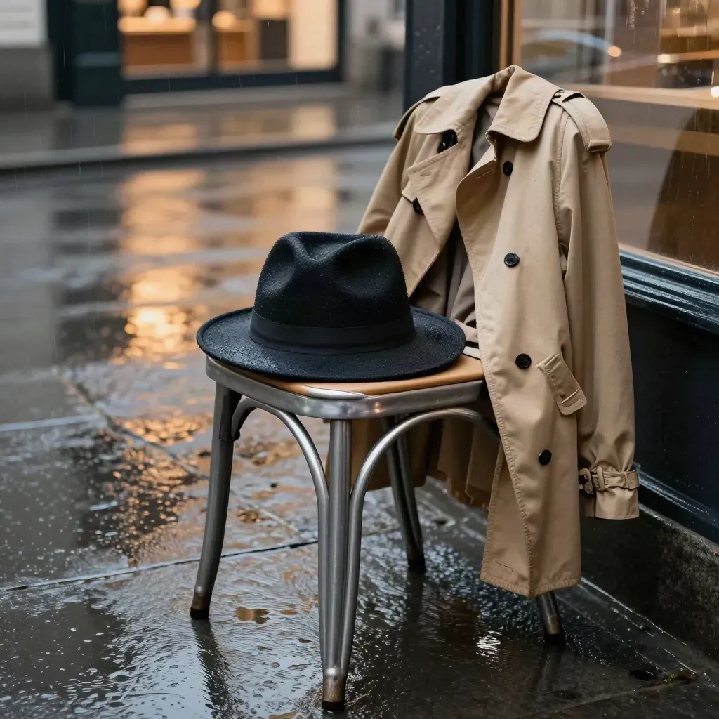 Fedora, cap, and trench on a wet café chair with taxi reflections in puddles.