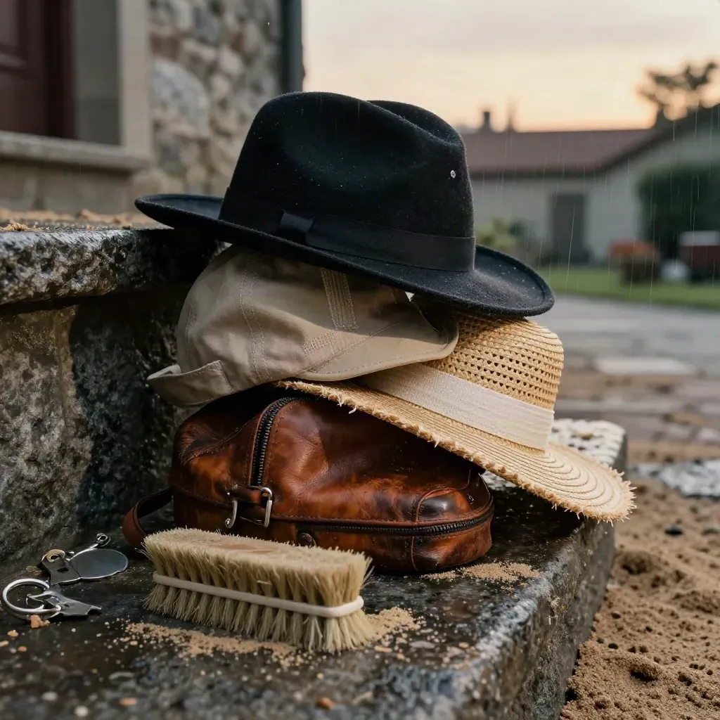 Fedora, cap, sun hat, case, and brush on wet sandstone steps in golden-hour mist.