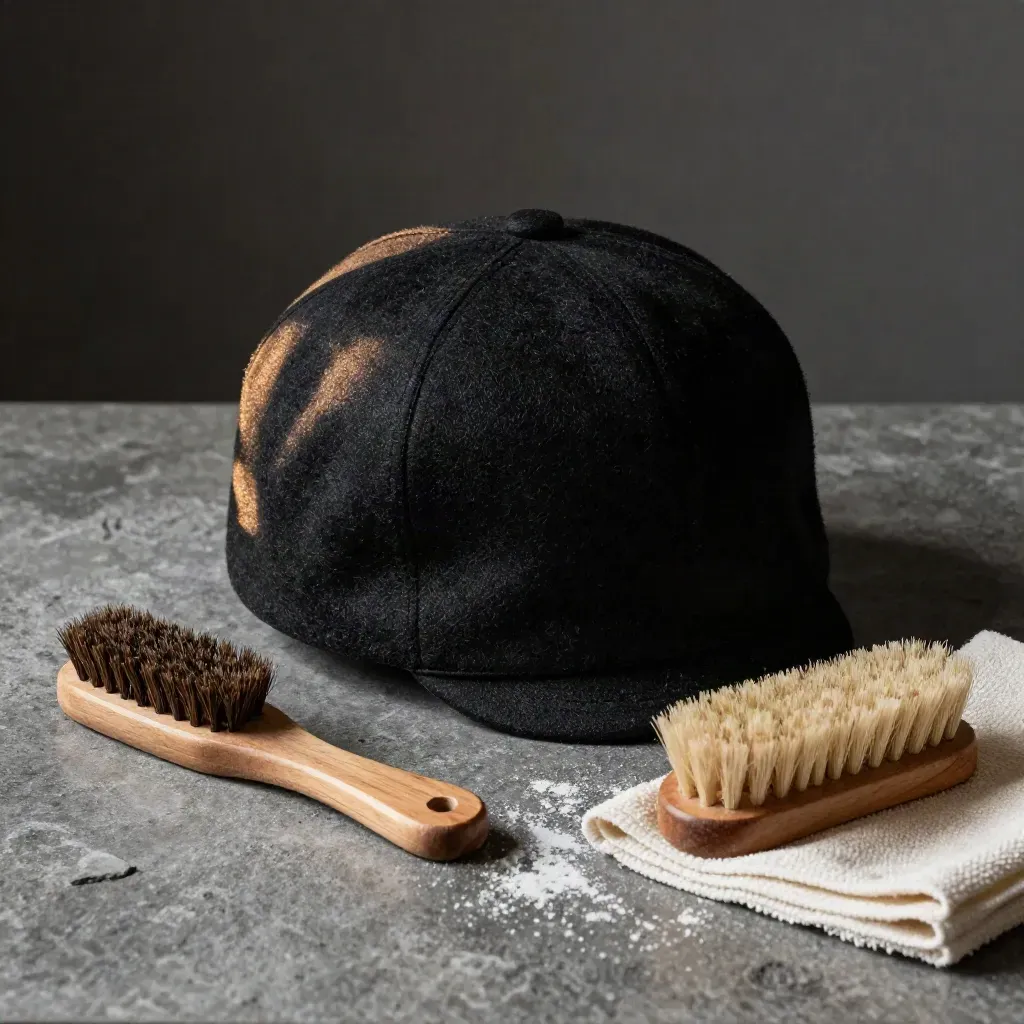 Black felt cap mid-clean with brush, cedar shaper and microfiber cloth on a stone counter.