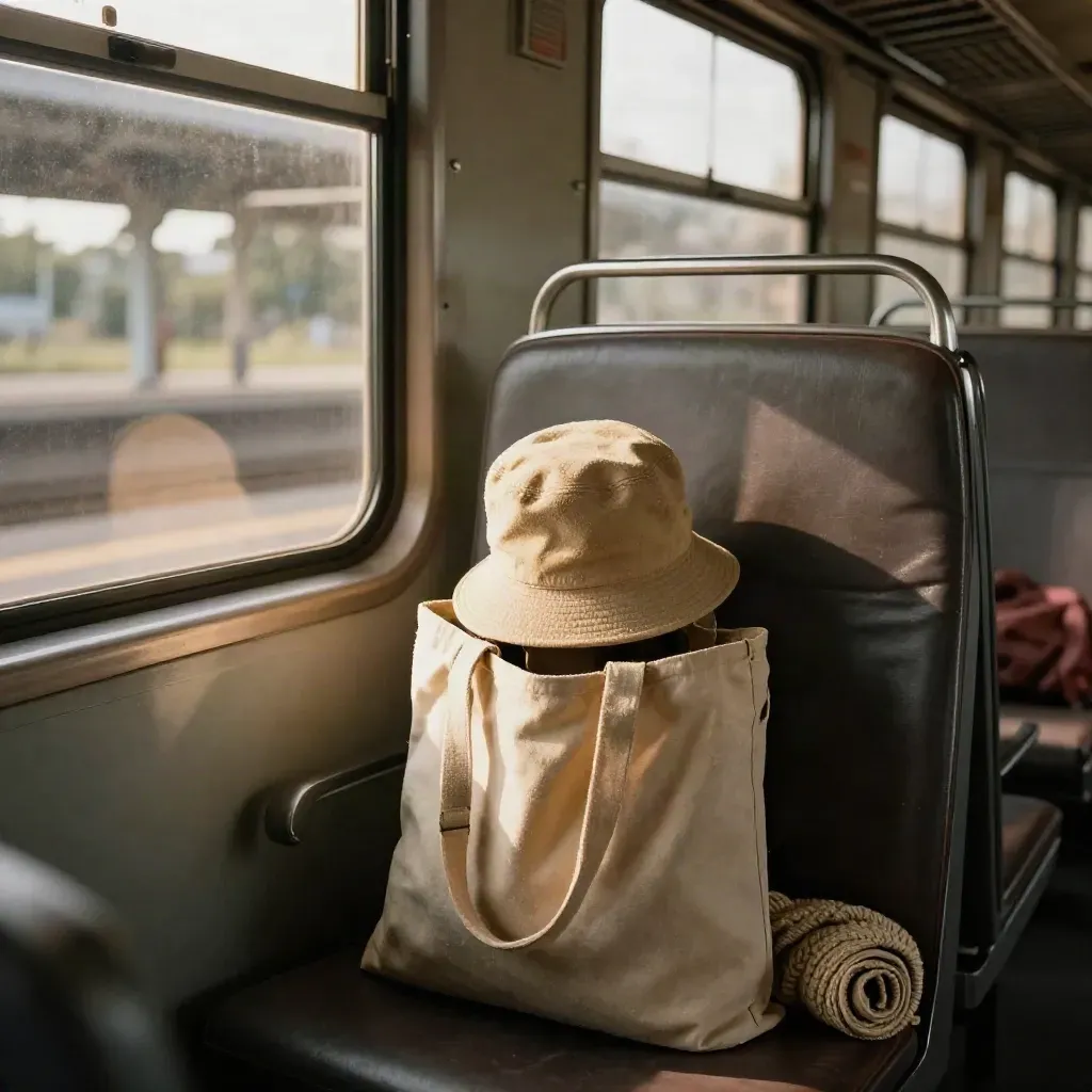 Bucket hat, tote, and rolled sweater on a train seat by the window as the carriage pulls from the platform