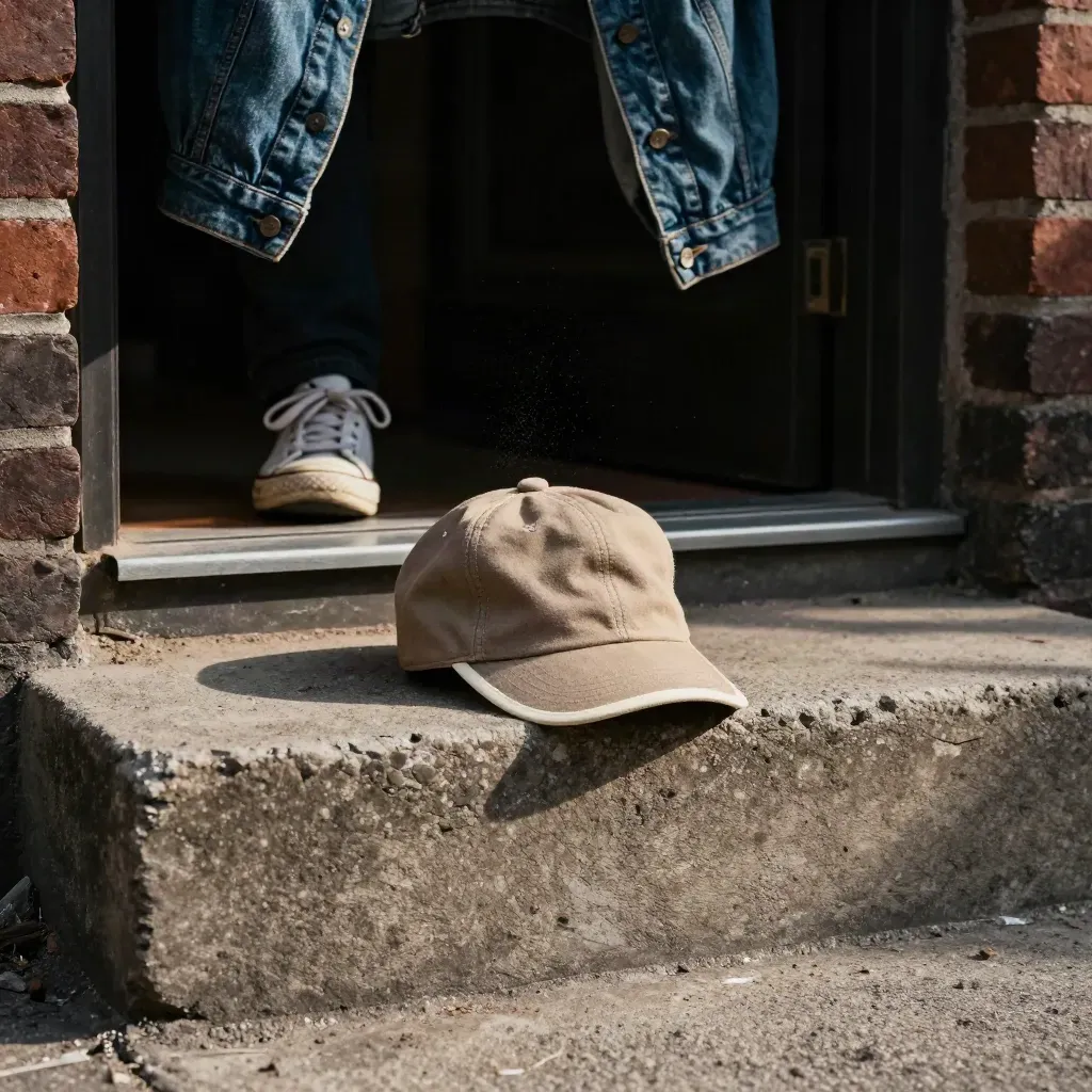 Canvas cap lands on a concrete stoop beside worn sneakers and a denim sleeve in hard light.
