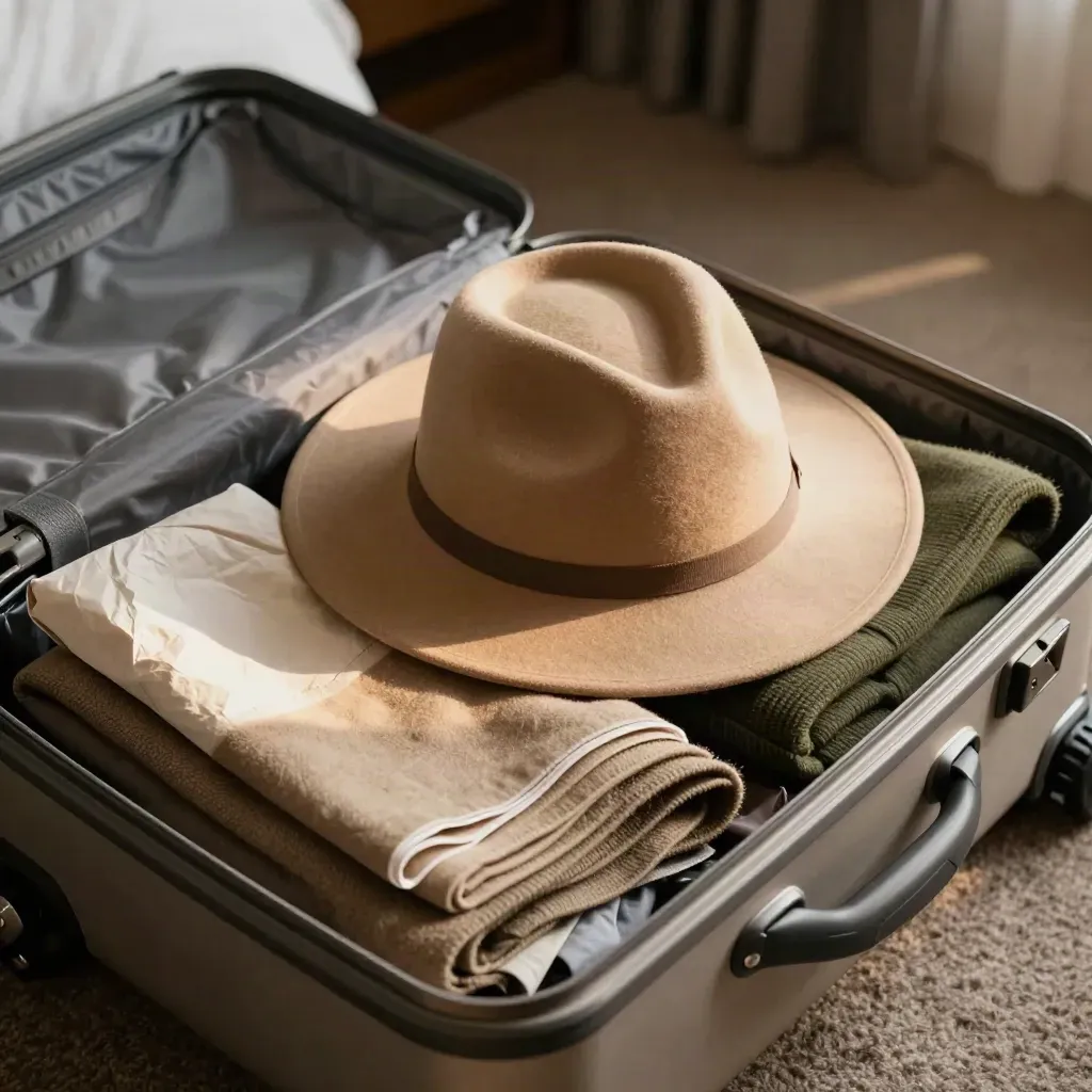 Open suitcase with a travel fedora, knitwear, tissue paper and scarf in a dim hotel room.