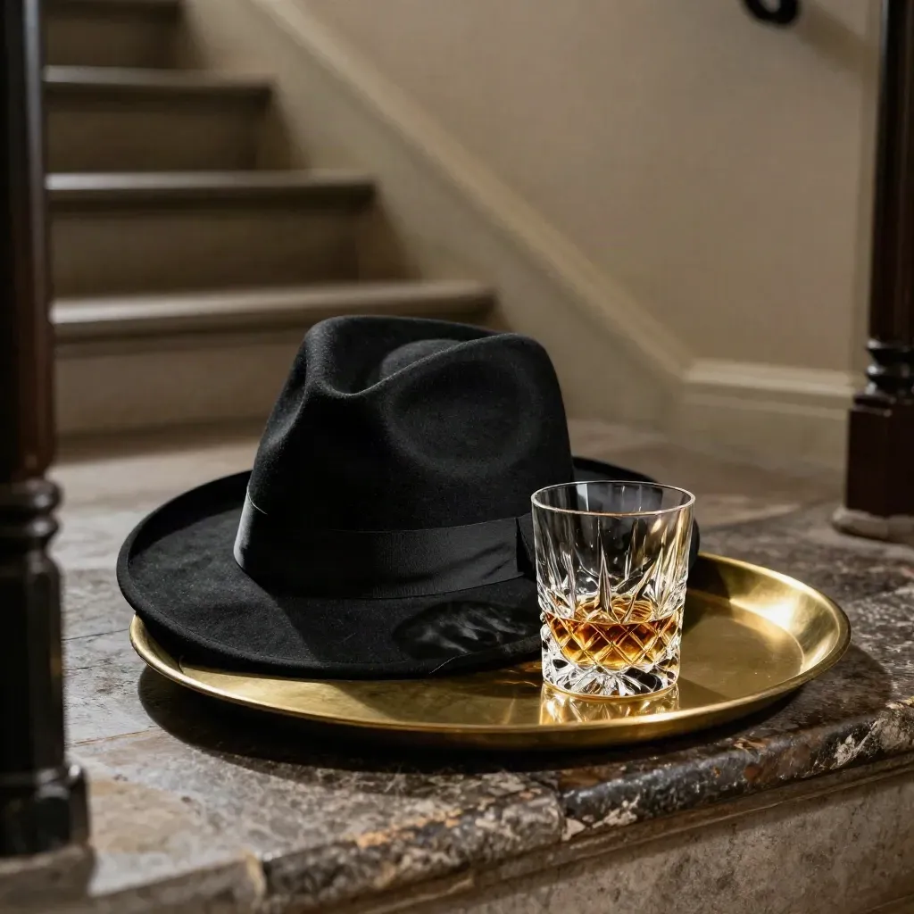 Black felt fedora beside a tuxedo lapel, tumbler and brass tray on a shadowed stair landing