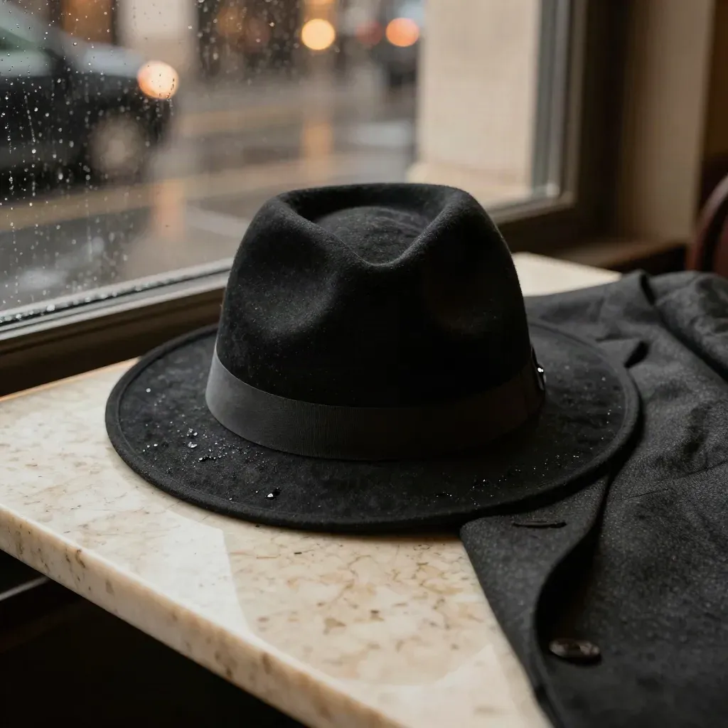 Black fedora and folded jacket on a marble café table, rain-lit window beyond.