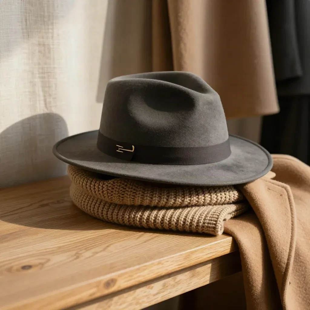 Fedora with scarf and coat collar in warm side light at a boutique fitting corner.