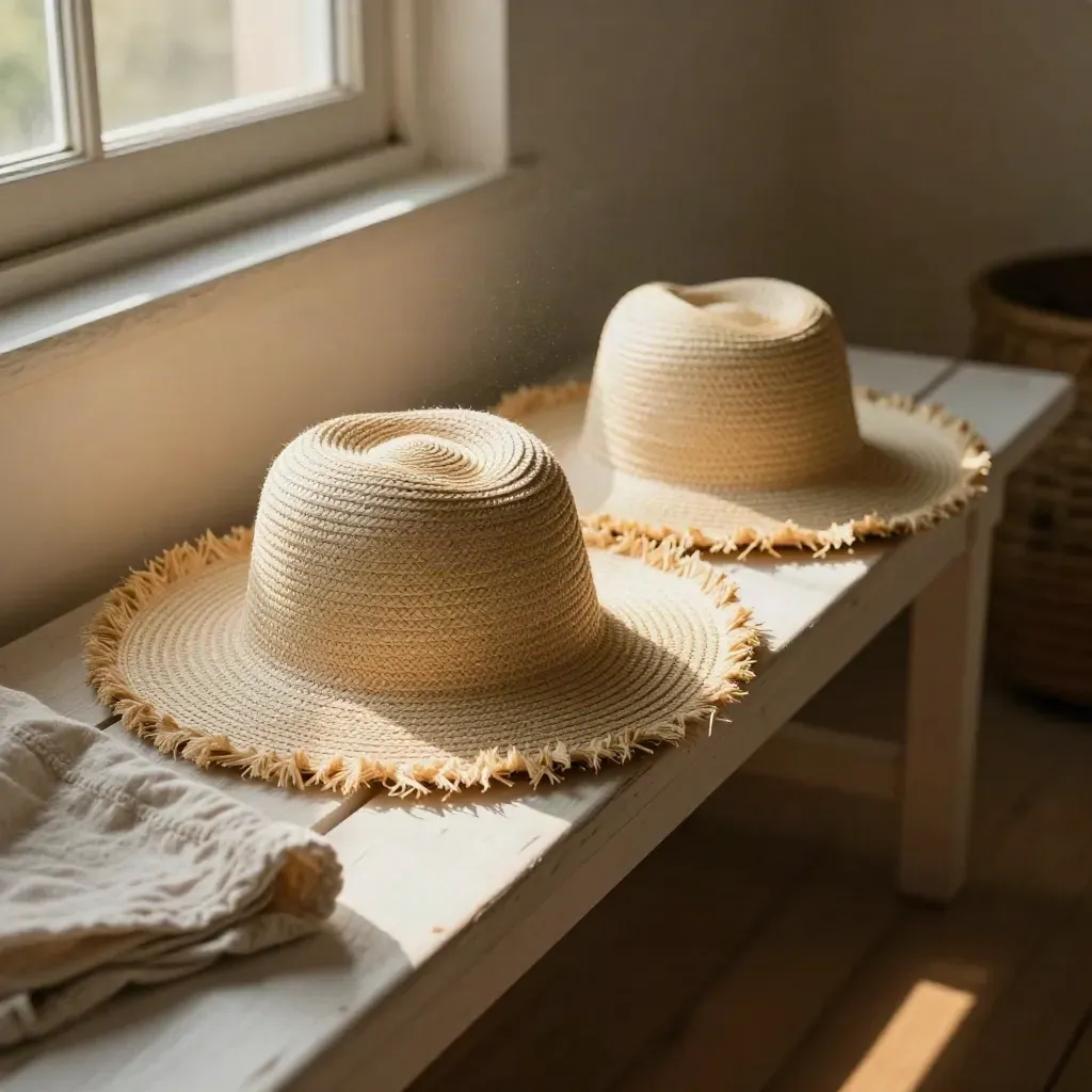 Two straw sun hats, a woven tote, and a linen towel on a sunroom bench in warm afternoon light