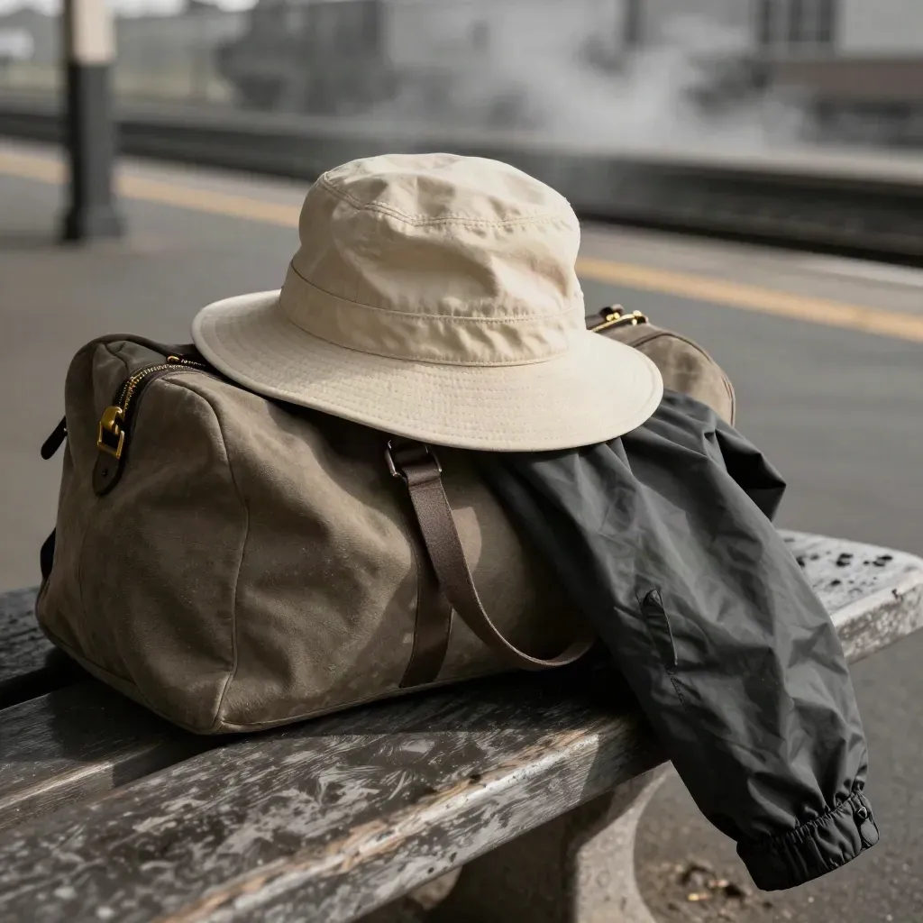 Low-angle station bench with a soft bucket hat, duffel, rain jacket, and steam.