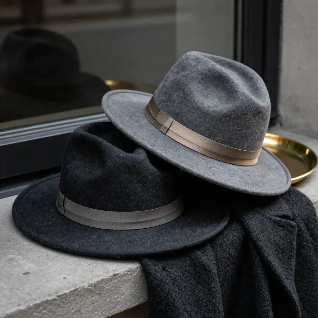 Two overlapping felt fedoras, a wool coat and brass tray in warm late-evening light.