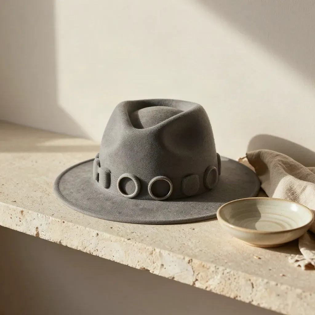 Stone shelf still-life with a hat sizing block, foam rings, linen cloth, and ceramic dish.